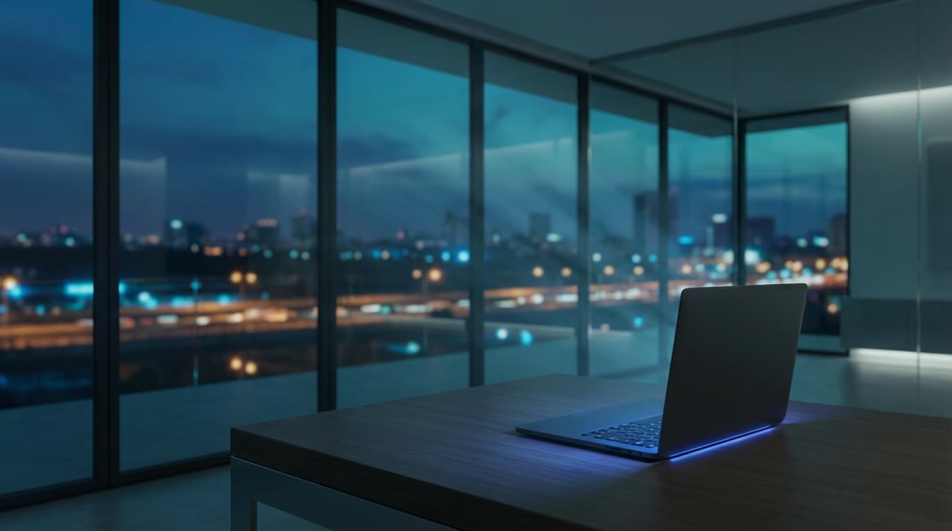 AI lead management dashboard on laptop screen in modern office