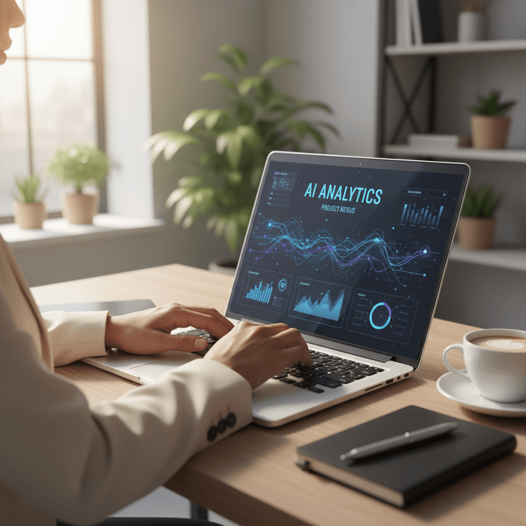 Business owner reviewing AI automation dashboard on laptop