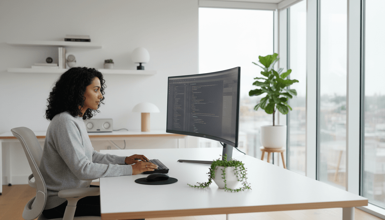 Professional working at a modern tech workspace with Salt Lake City view