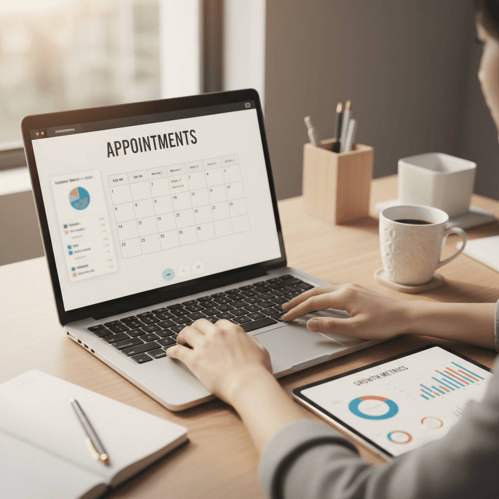 Business owner reviewing AI scheduling software on laptop
