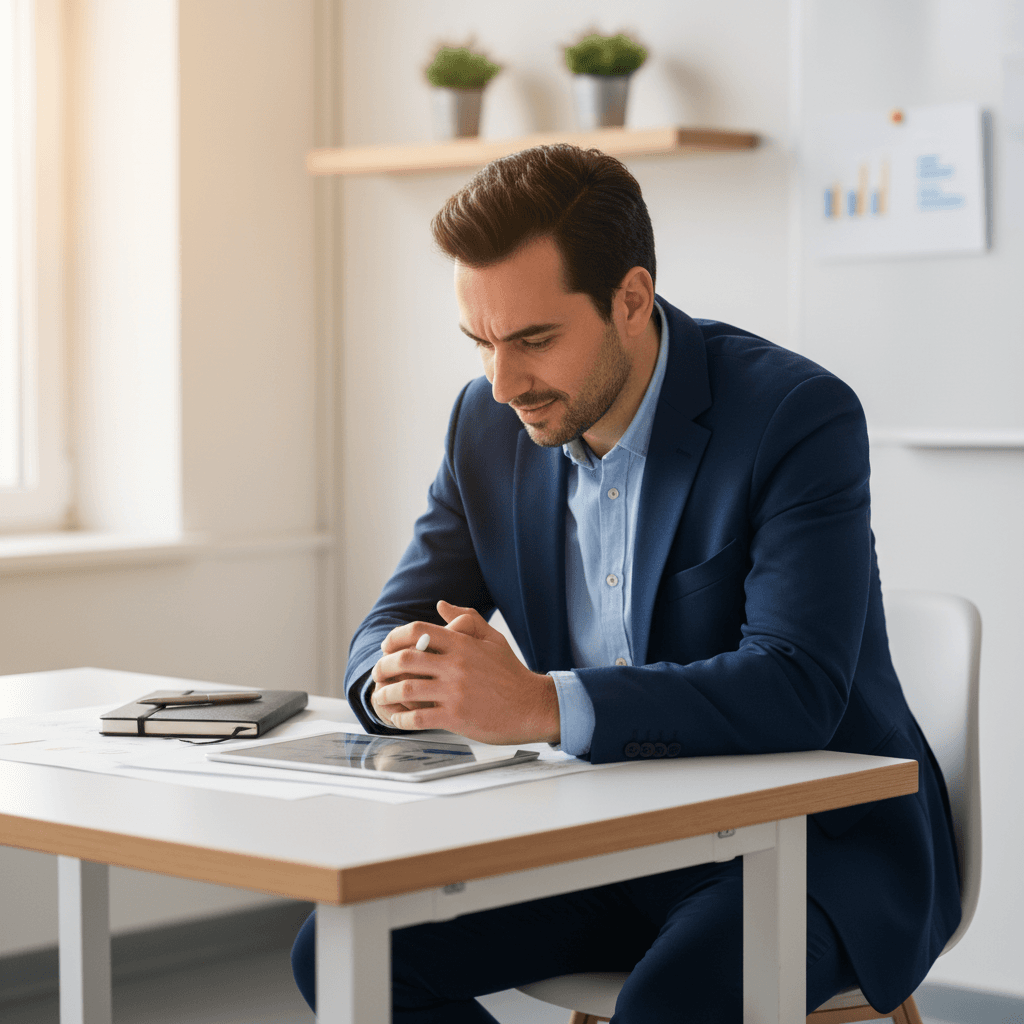 Contractor checking his phone with a satisfied smile